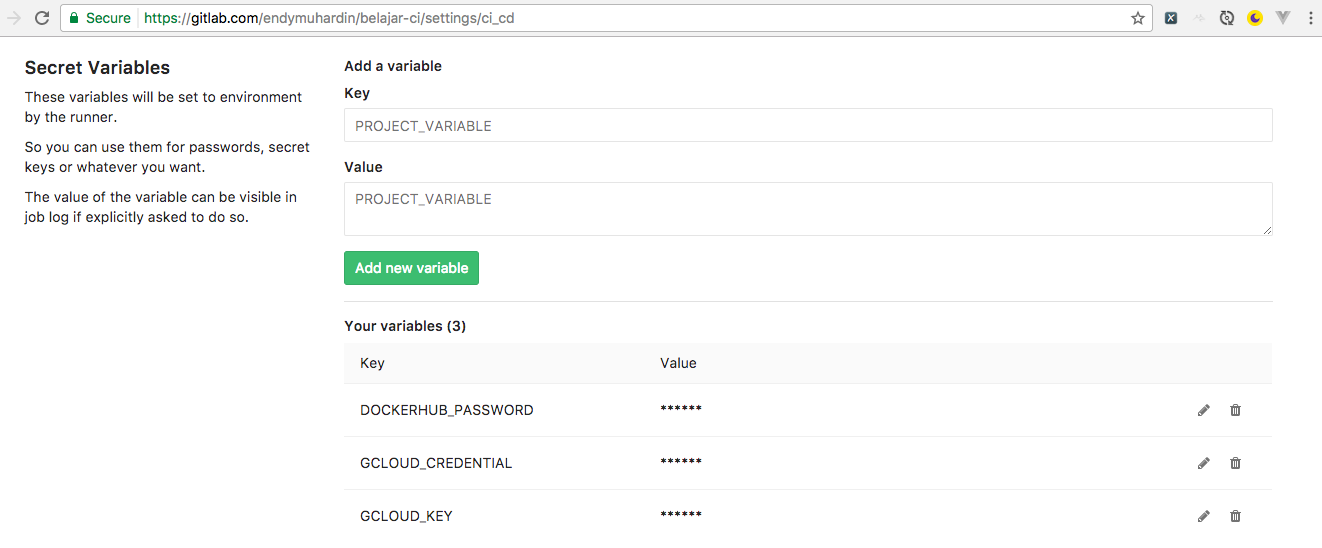 Setting Secret Variabel