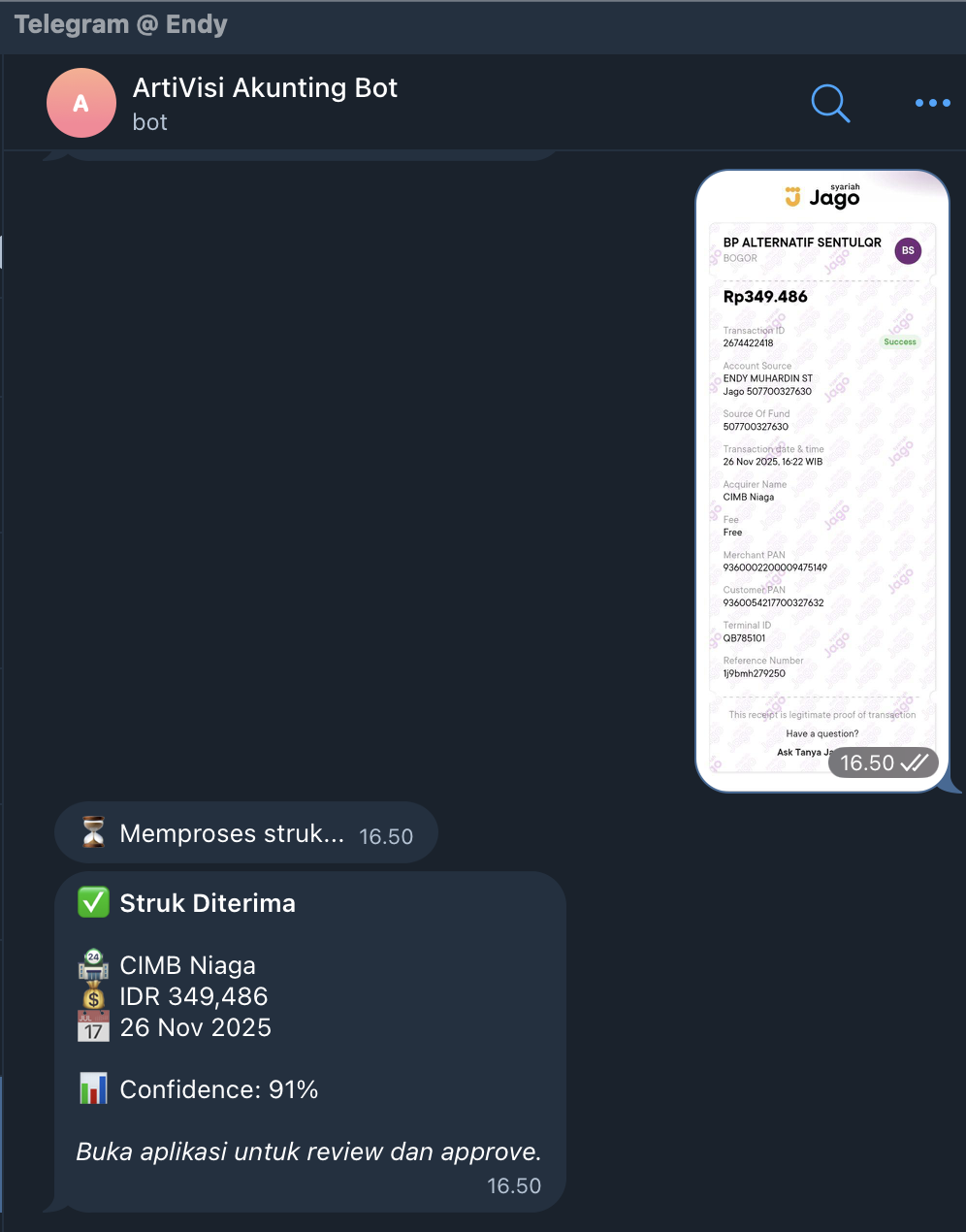 Telegram bot menampilkan hasil OCR dari struk