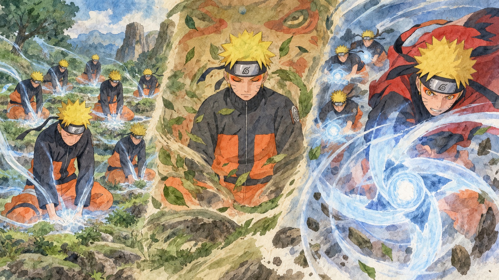 Naruto dengan banyak kage bunshin yang berlatih bersamaan