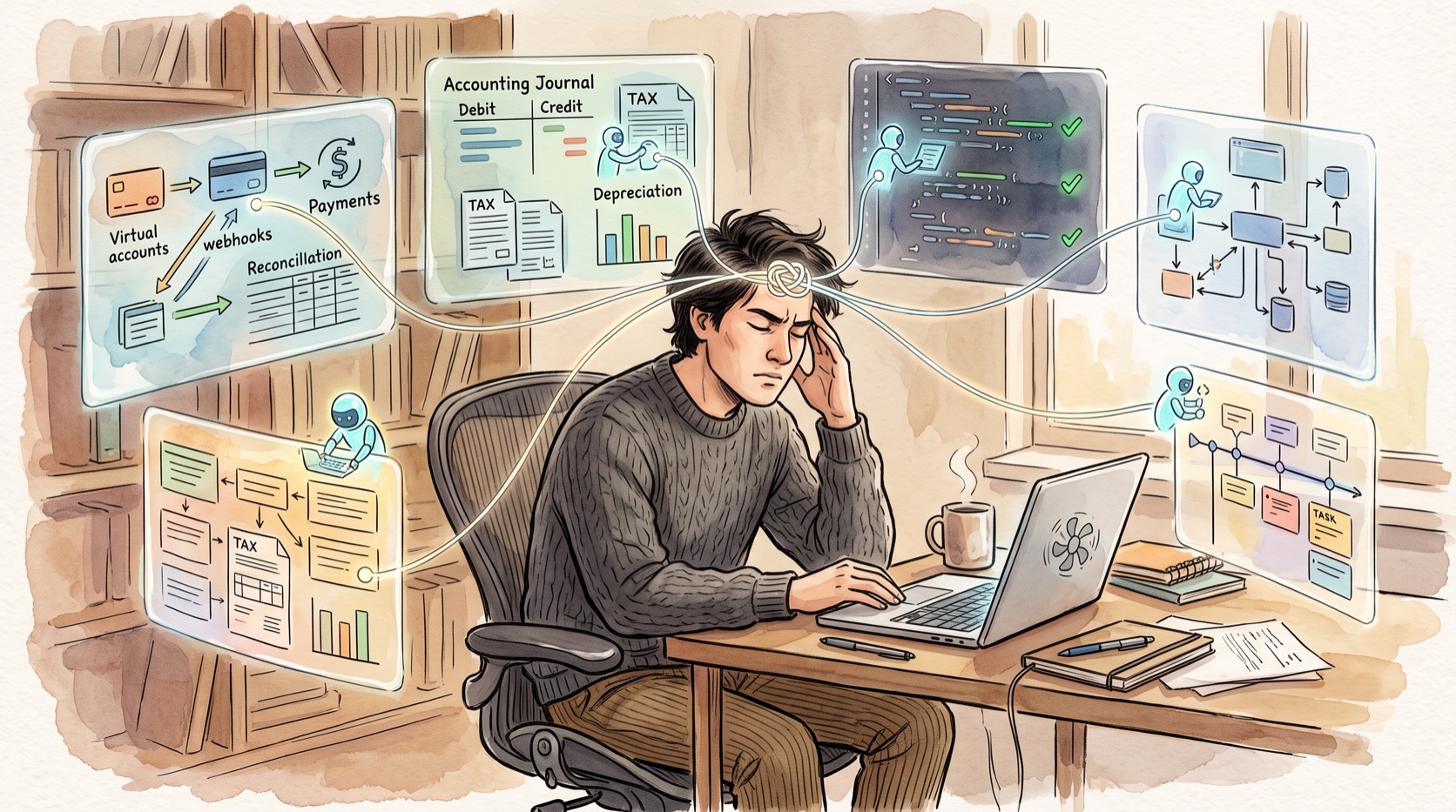 Developer di depan laptop dikelilingi beberapa sesi agent untuk domain berbeda, semua benang konteksnya bertemu di kepalanya