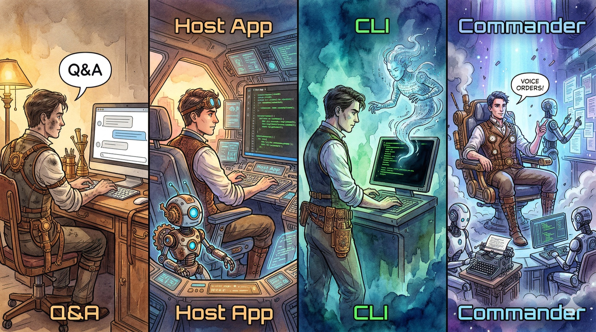 Evolusi penggunaan AI: Q&A Chat → Host App → CLI → Commander